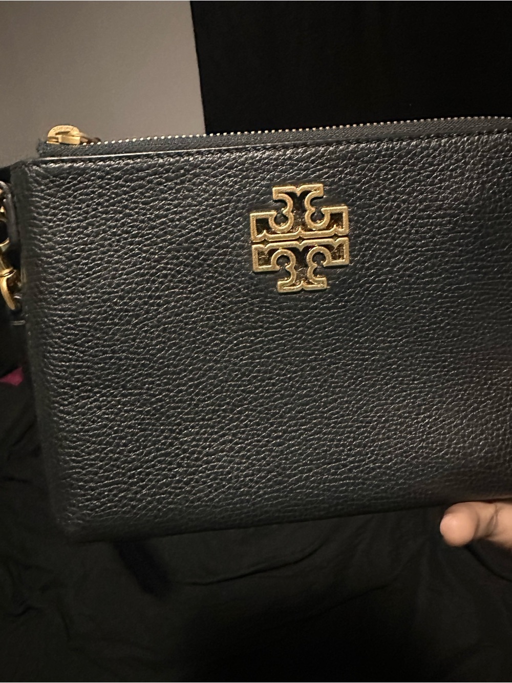 Tory Burch Black Pebbled Leather Wristlet with Gold Logo